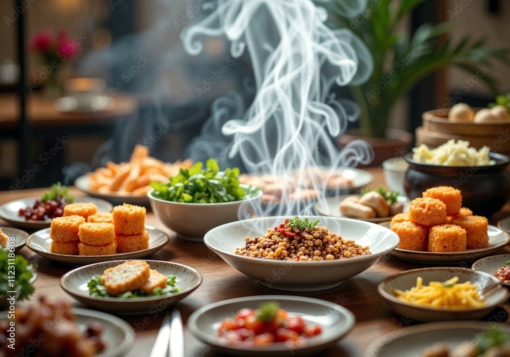 Obraz premium Beautifully arranged table of dim sum showcasing traditional dishes with professional lighting