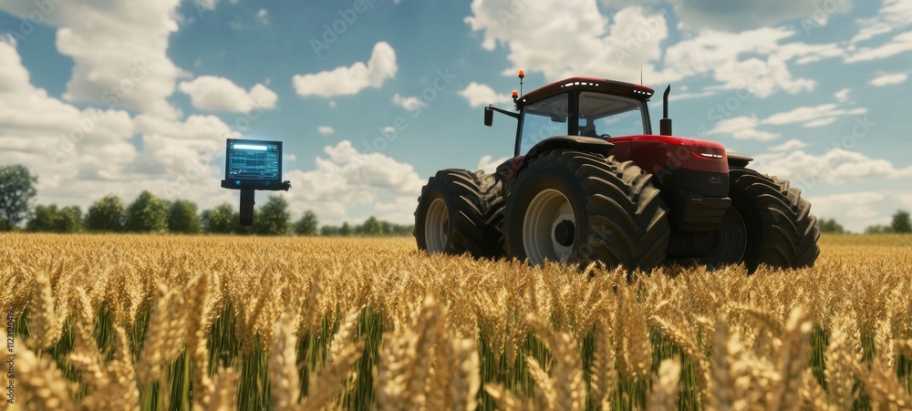 Obraz premium Modern Farming: A Red Tractor in a Golden Wheat Field with Smart Technology