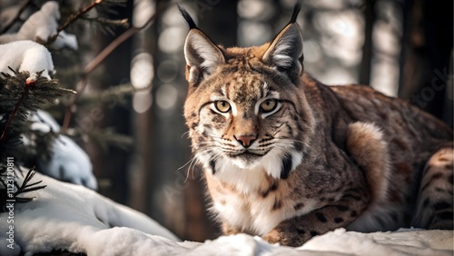 A lynx crouching low in a snowy forest, its sharp gaze focused intently on its surroundings, showcasing wilderness, predator instincts, and the beauty of nature in a winter landscape photo