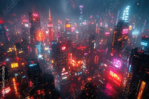 a neonsoaked cyberpunk city teeming with futuristic skyscrapers vibrant holograms and bustling streets enveloped in a moody atmosphere of advanced technology and urban life photo