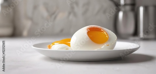 A sunny side up egg with vibrant orange center rests on a white plate, clean, oval shape, round photo