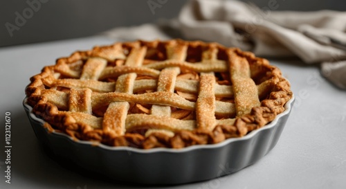 Golden baked pie on kitchen countertop