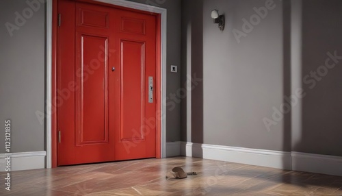 A vibrant red door swings open, its lock lying idle on the floor, stillness, solitude photo