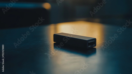 A high-quality image of a sleek black USB flash drive resting on a clean, modern desk surface, with soft lighting highlighting its design photo