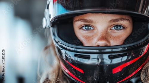 A determined racer with intense blue eyes peers out from their helmet, embodying focus and speed, encapsulating the spirit of competitive racing. photo