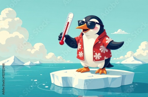 global warming, climate change impact, environmental awareness, ecology. funny cute penguin in hawaiian shirt and sunglasses measuring temperature with thermometer on melting ice floe at north pole. photo