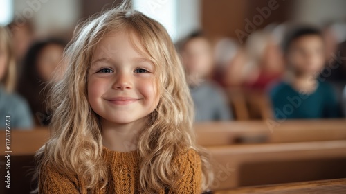 A smiling young girl with light blonde hair, dressed in a warm sweater, captures attention while seated among blurred figures in an inviting indoor space. photo