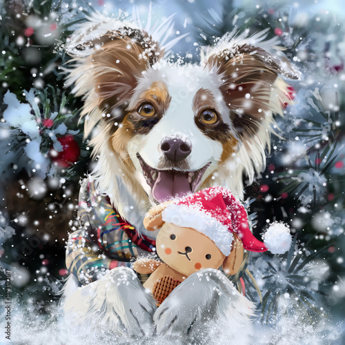 Cheerful shaggy dog ​​holding a toy dog. It's snowing.