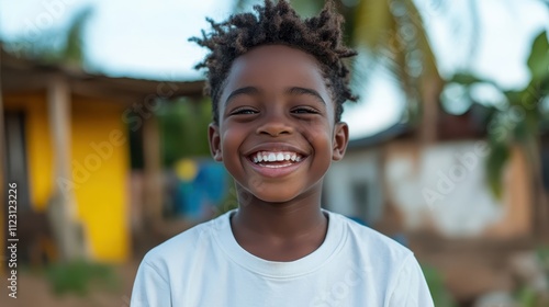 A smiling young boy wearing a white shirt stands outdoors, exuding happiness amidst a setting with colorful background, embodying joy and playfulness of youth. photo