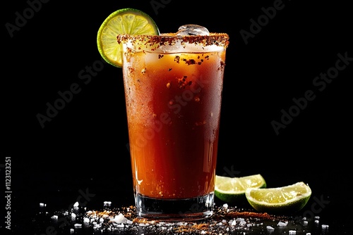 Photograph of a red michelada with lime, on a black background, high-resolution photography