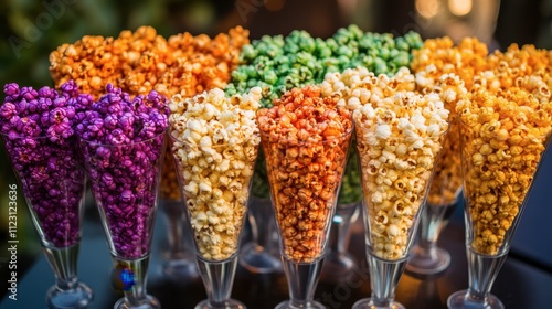 Colorful Popcorn Variety in Elegant Glasses for Festive Events