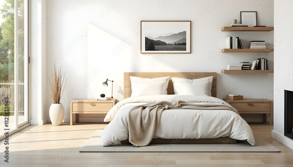 Fototapeta premium A minimalist and cozy bedroom with a wooden bed frame, neutral-colored bedding, and a framed black and white landscape artwork on the wall.
