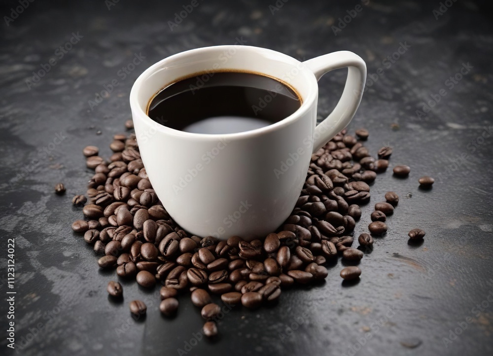 Coffee beans spill out of a filled cup onto the black stone table in a small puddle, surface, , messy Coffee beans spill out of a filled cup onto the black stone table in a small puddle, surface, , messy