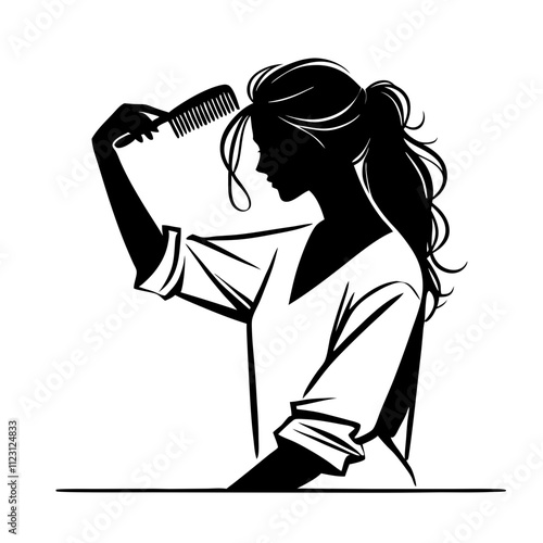 Silhouette of a woman combing her hair, emphasizing beauty and self-care