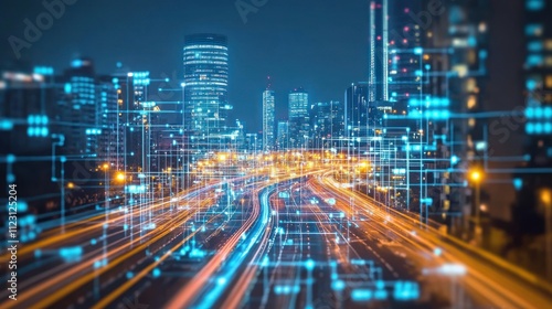 Wallpaper Mural Cityscape with Illuminated Highways and Digital Network Overlay Torontodigital.ca