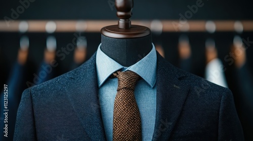 A stylish blue suit complemented by a textured tie is arranged on a mannequin in a boutique setting, highlighting modern fashion and premium menswear trends. photo