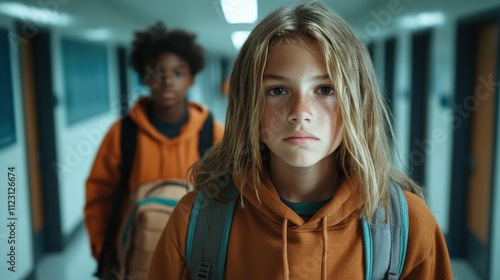 A thoughtful adolescent with a backpack stands in a school hallway, captured in a moment of quiet reflection and anticipation of untold stories ahead. photo