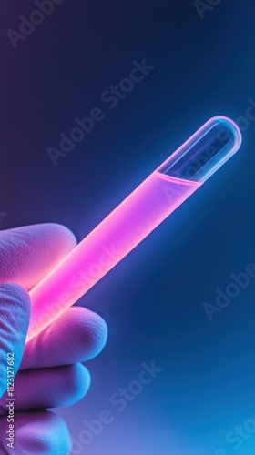 Gloved hand holding a glowing test tube under neon lighting, symbolizing science and innovation, AI photo