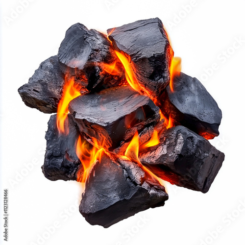 Glowing coals. Burning coal closeup flaming mineral for grill bbg, hot charcoal briquette danger burnt isolated on white backgroung. photo