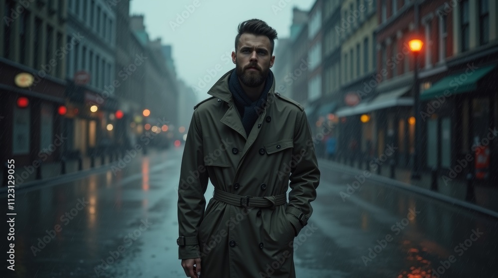 Fototapeta premium Trench coat displayed on a rainy urban street