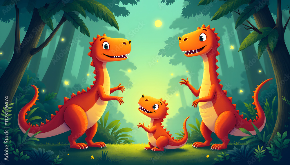 Naklejka premium Playful Dinosaurs in a Lush Prehistoric Jungle