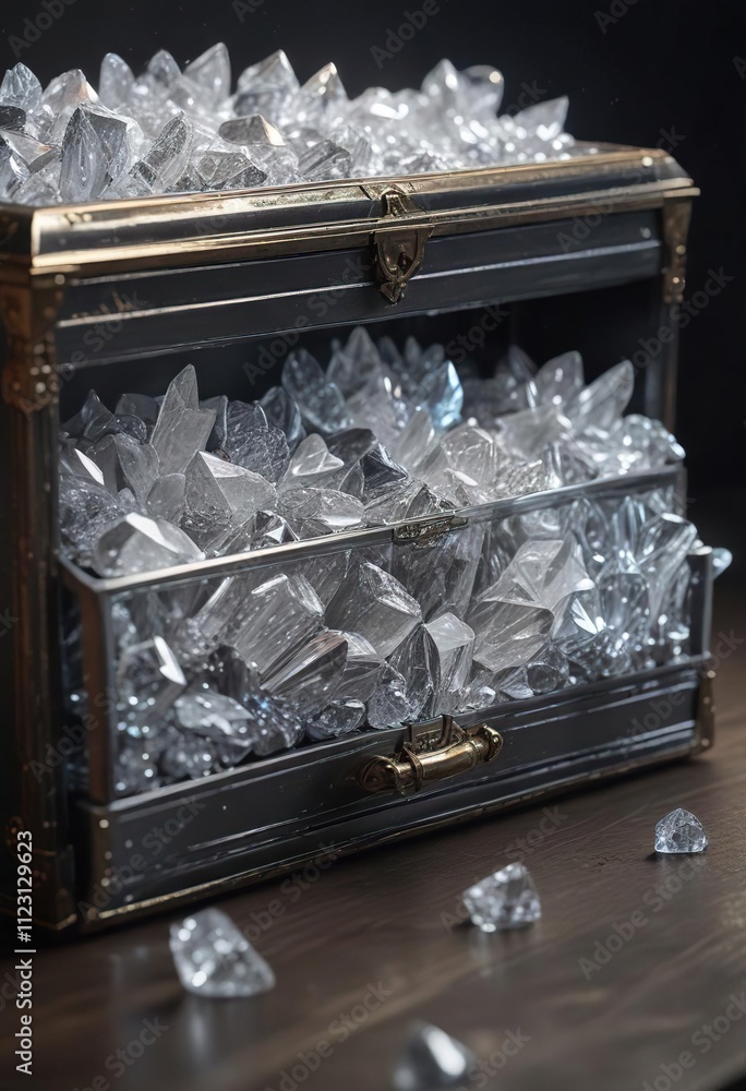 Fototapeta premium Glimmering crystals stored in a metallic chest, luminous storage, metal casket, glowing cache