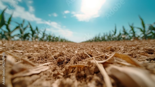 The image depicts dry, cracked soil under a bright sky with rows of young plants, showcasing the resilience of nature and the cycle of agricultural growth. photo