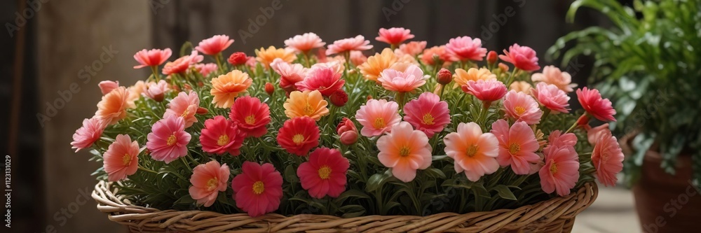 Fototapeta premium In the middle of a wicker basket filled with other plants, a stunning Portulaca grandiflora flower blooms with radiant petals , greenery, bloom, botanical