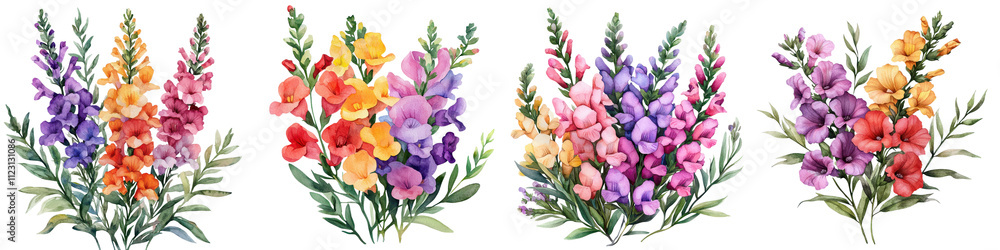 Obraz premium A vibrant and colorful bouquet of blooming summer snapdragon flowers in shades of purple pink and yellow creating a lush and floral display