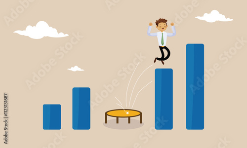 Business challenge, revenue rebound and recover from economic crisis or earning and profit growth jump from bottom concept, strong businessman jumping from trampoline back to top of growing bar graph.