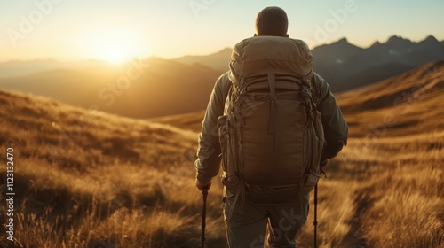 The backpacker ascends through the tall grass, enjoying the peaceful sunrise silhouetting the distant mountains, suggesting a sense of optimism and exploration. photo