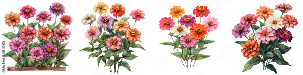 Obraz premium Cheerful and Vibrant Zinnia Bush Filled with Colorful Flowers Attracting Butterflies in a Lush Garden Landscape The Zinnias Bloom with a Variety of Hues