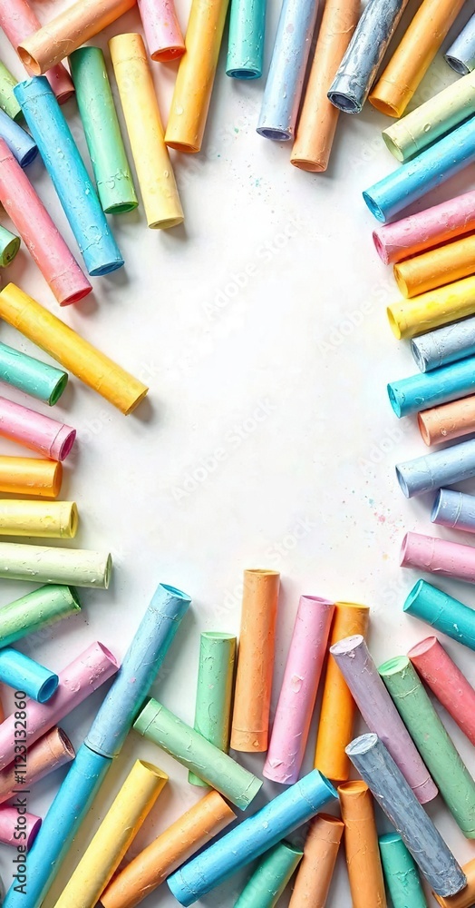 Fototapeta premium Pastel colored chalks arranged in a random pattern on a white background, chalks, pastel colors, colorful artwork