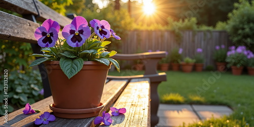 Colorful pansies in pot on sunny garden deck