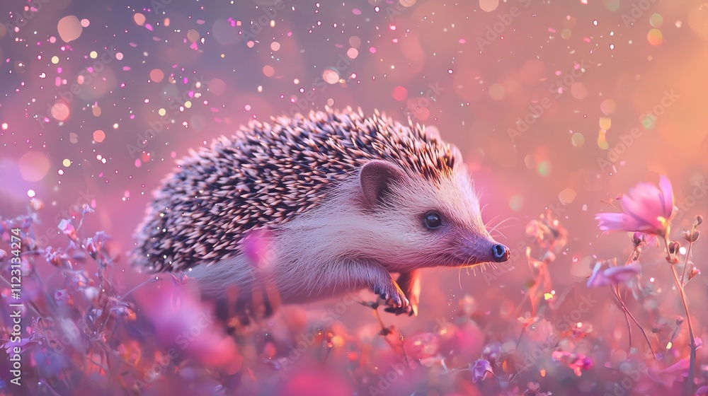 A spirited hedgehog rolling through a field of colorful flowers, leaving a trail of sparkles. A spirited hedgehog rolling through a field of colorful flowers, leaving a trail of sparkles.