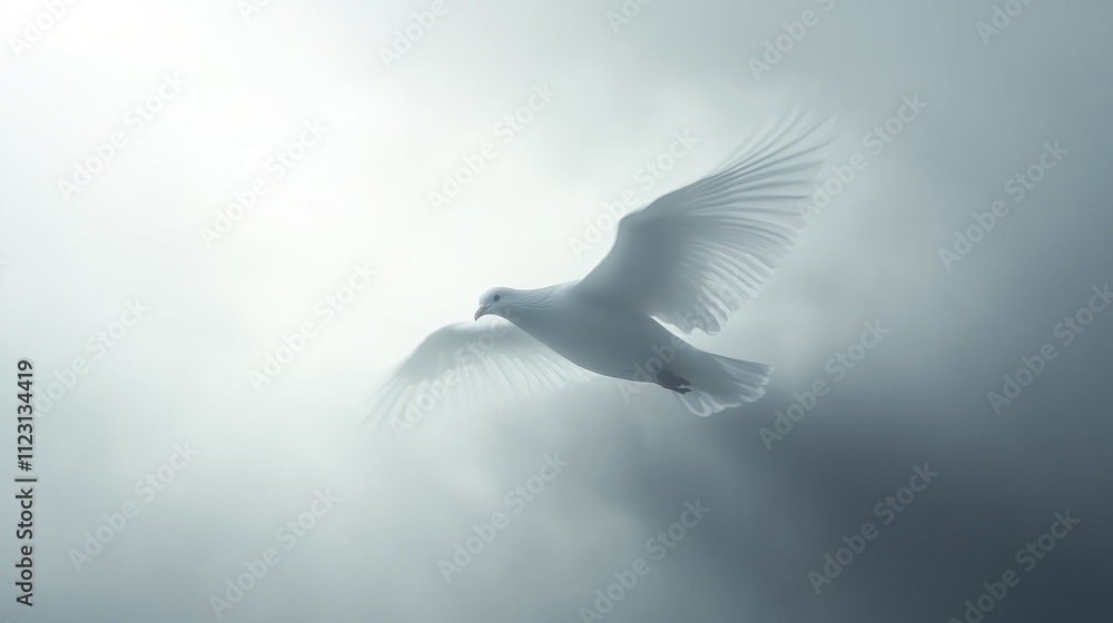 Fototapeta premium Majestic White Bird Gliding Through Soft Gray Clouds in Sky