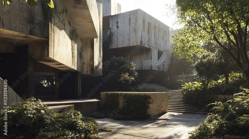 Fototapeta premium Modern concrete buildings surrounded by lush greenery.
