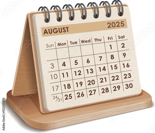 Illustration vector of August 2025 WOODEN and cardboard desktop Calendar