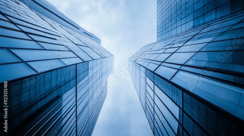 Skyward view of modern skyscrapers in a blue urban landscape. photo