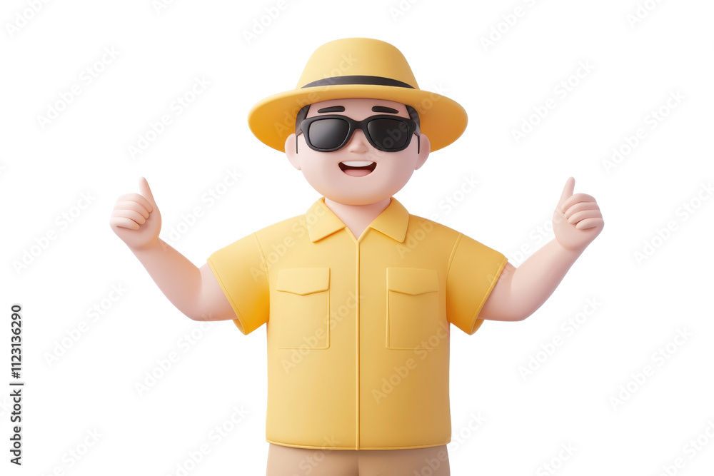 A cheerful cartoon character in a yellow shirt and hat, wearing sunglasses, giving a thumbs-up gesture.