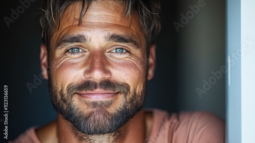 A man with short hair and a neatly trimmed beard leans casually in a doorway, exuding confidence and warmth, with natural light enhancing the scene. photo