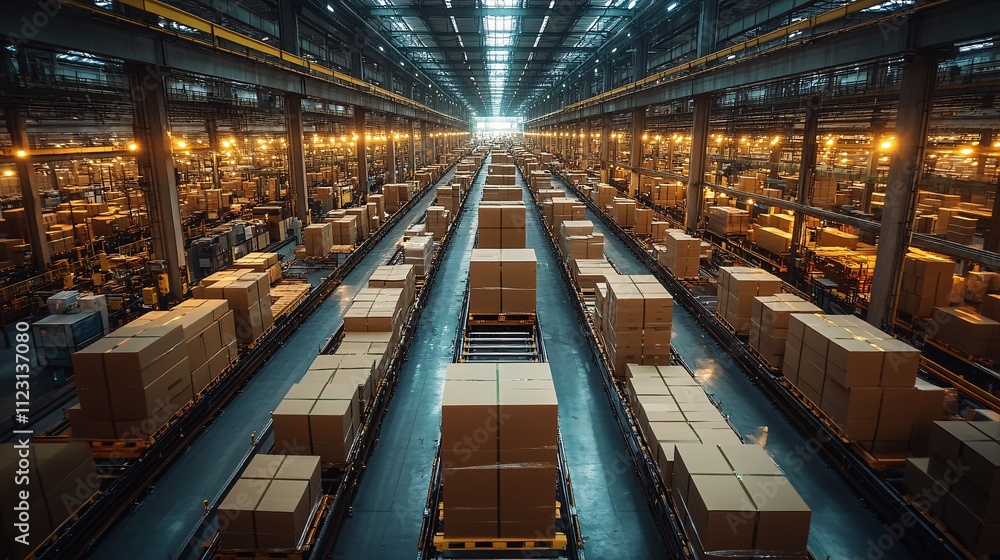 Obraz premium Modern Factory Overhead Perspective with Boxes