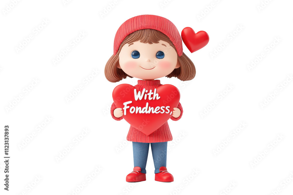 A cheerful doll holding a red heart with a message, wearing a red sweater and hat, symbolizing warmth and affection. A cheerful doll holding a red heart with a message, wearing a red sweater and hat, symbolizing warmth and affection.