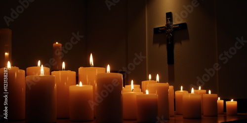 Glowing candles with crucifix in dark room