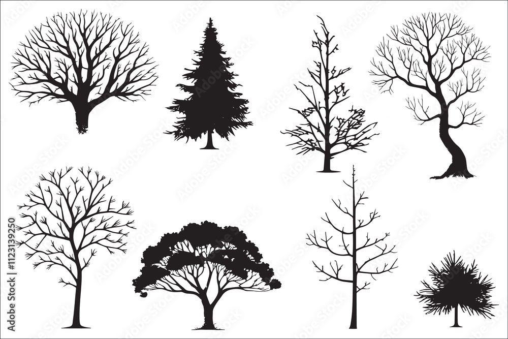 Obraz premium Various black tree silhouettes on white background.