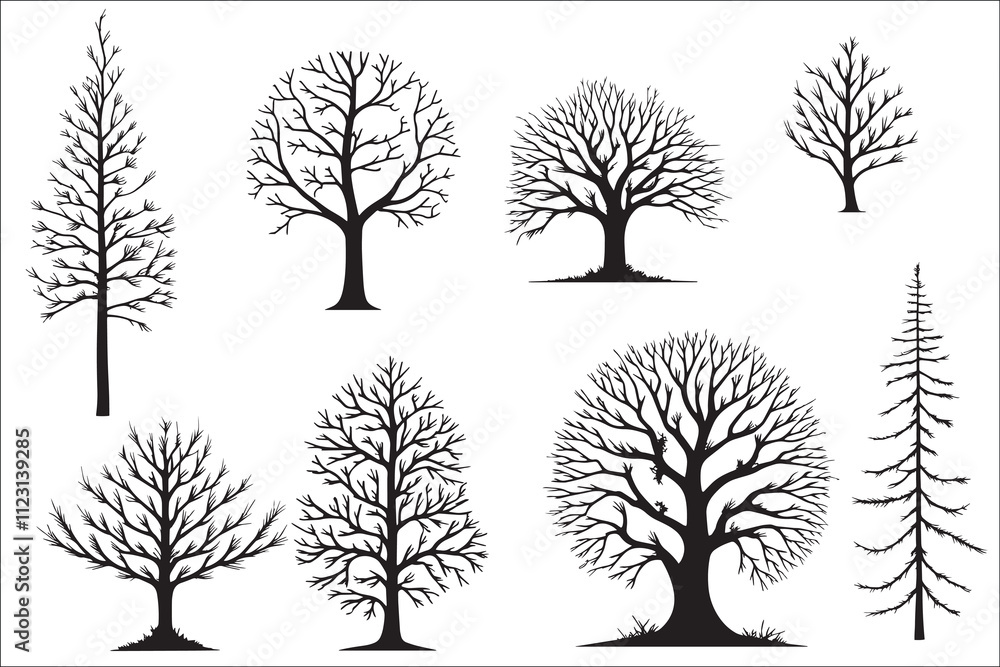 Obraz premium Various black tree silhouettes on white background.