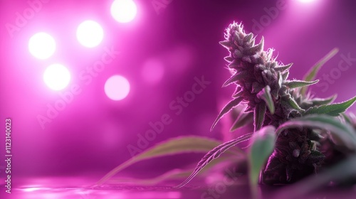 A solitary cannabis plant is captured dramatically under intense pink lighting, emphasizing the intricate structure and vibrant coloration of its leaves and buds. photo