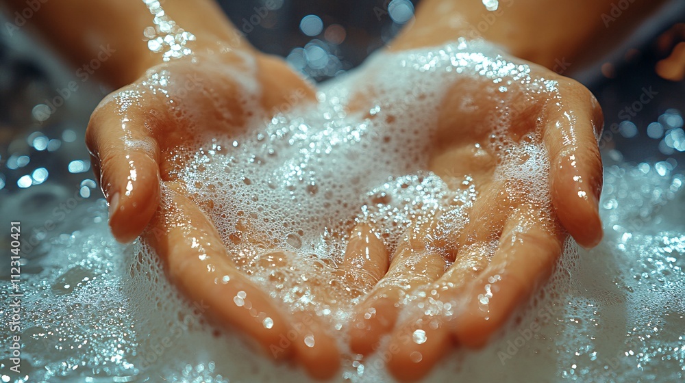 Fototapeta premium Hands Rinsing in High Definition with Soap Bubbles