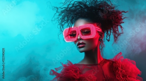 A fashion-forward model exhibits style with bold, oversized glasses and radiant charisma against a smoky backdrop, highlighting modern elegance and striking visual appeal. photo