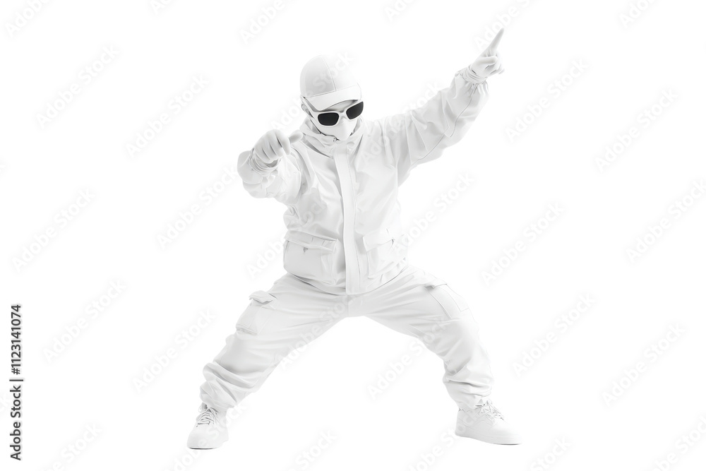 A figure in a full white outfit strikes a dynamic pose, showcasing movement and style. A figure in a full white outfit strikes a dynamic pose, showcasing movement and style.